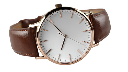 Isolated luxury watch with silver metal case and black dial on a white background