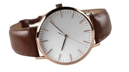 Isolated luxury watch with silver metal case and black dial on a white background