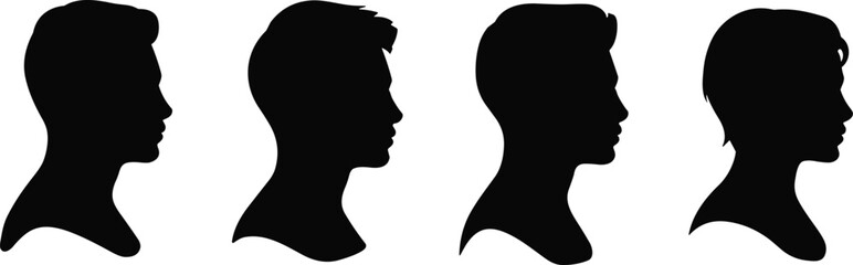 Male head silhouette collection, man profile vector illustration, black isolated side view portraits, hairstyle variation concept design