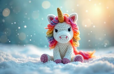 Crocheted amigurumi unicorn with rainbow mane sits in soft snow. Toy unicorn has golden horn and pink accents. Winter wonderland bokeh background.