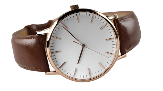 Isolated luxury watch with silver metal case and black dial on a white background