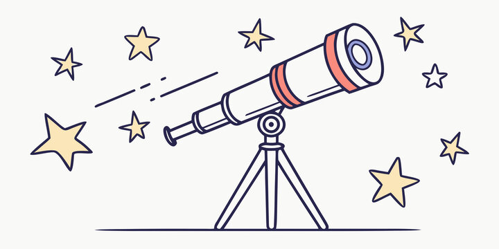Illustration of a telescope on a tripod surrounded by stars and cosmic elements on a white background created with generated ai