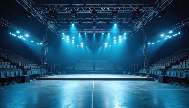Professional stage setup with spotlights and seating. Empty concert venue ready for a show or performance. Modern event area with lighting rig. Prepared for music performance with bleachers.