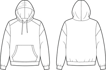 Unisex hoodie fashion CAD flat vector illustration, front and back technical sketch, blank clothing template, streetwear apparel design mockup, garment pattern drawing