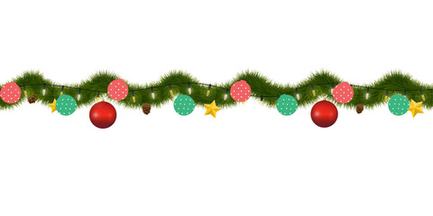 Christmas tree garland decoration. Border with green fir branches, ornaments, gold lights isolated on transparent background. Pine, xmas evergreen banner. 