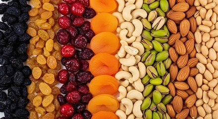 Colorful assortment of dried fruits and nuts arranged in vertical rows for healthy snacking