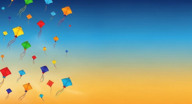 Makar Sankranti banner, blue&ndash;gold gradient sky, colorful kites flying