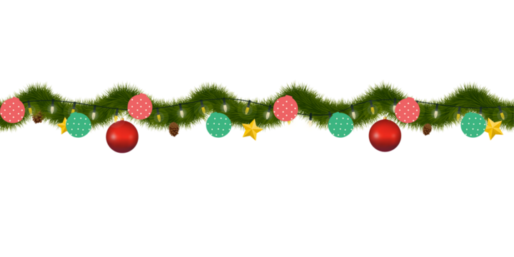 Christmas tree garland decoration. Border with green fir branches, ornaments, gold lights isolated on transparent background. Pine, xmas evergreen banner. 