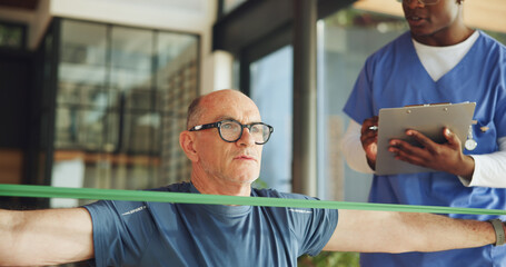 Clipboard, physiotherapy and resistance band with people in clinic for health, recovery or wellness. Exercise, stretching or training with mature patient and therapist in office for medical support