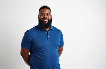 Smiling, bearded man of color in 30s wears blue polo shirt. Stands against plain white background, arms clasped behind back. Friendly, approachable portrait suggests trustworthiness, professionalism.
