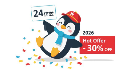 Penguin Hot Offer: Adorable penguin character joyfully presents a captivating hot offer with confetti raining down, ideal for cheerful promotions.