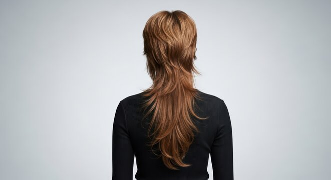 Female with long mullet haircut from behind in black outfit