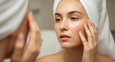 Young woman examining her skin in the mirror after a bath with a towel on her head