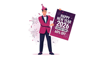 New Year Promotion: A smartly dressed man, complete with a party hat, enthusiastically presents a promotional poster announcing Happy New Year 2026, enticing viewers with a limited-time 60% off offer.