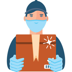 Delivery Person Wearing Face Mask and Gloves Holds Package With Transparent Background