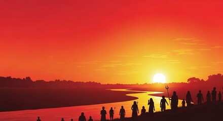 Ritual sunrise festival banner, red–yellow gradient, silhouettes of devotees by river