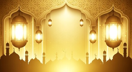 Golden Islamic background with lanterns and mosque silhouette design template