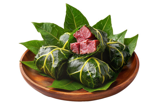 Lu Pulu corned beef cooked in coconut milk in taro leaves in wooden bowl, isolated on white transparent background, concept of traditional Polynesian food