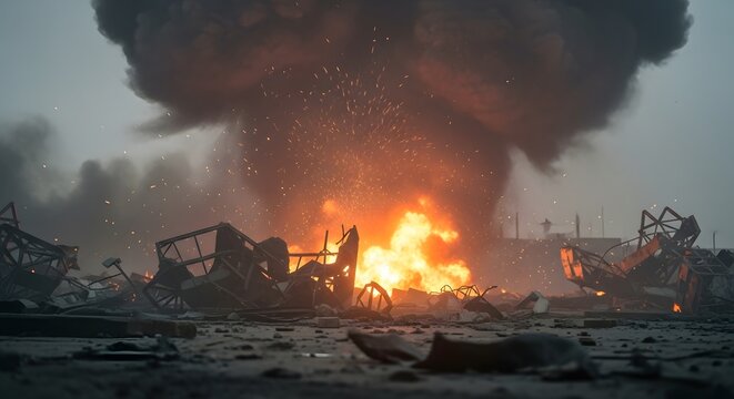 Devastating scene of a fiery explosion and its destructive aftermath