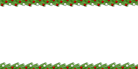 Christmas Branches Border with Christmas Decorations isolated on white background