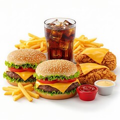 Delicious fast food meal with burgers fries and soda on white background