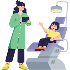 Dentist and Child Patient in Dental Chair with Tablet and Examination Light in a Modern Clinic Setting