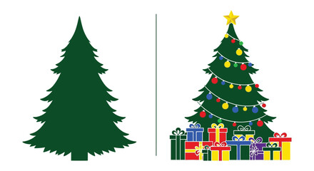A plain green christmas tree silhouette and a fully decorated festive tree with presents below