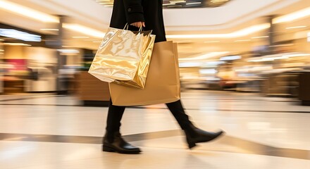 Woman walking through a brightly lit shopping mall carrying shopping bags and purses