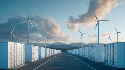 Drone Shot of Renewable Energy Battery Containers with Wind Turbines Modern Industrial Landscape Sustainable Technology Afternoon Light Aerial View Clean Energy Concept