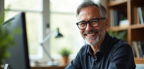 Obraz premium Smiling older man with glasses sits at desk near computer in bright room. He works indoors, with bookshelves in background. He seems happy and content.