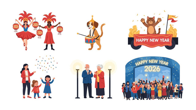 Festive Collection: A vibrant assortment of illustrations celebrating various holidays and festive events, featuring dancers, animals, and joyous gatherings.
