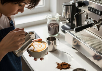 Barista preparing latte art coffee drink