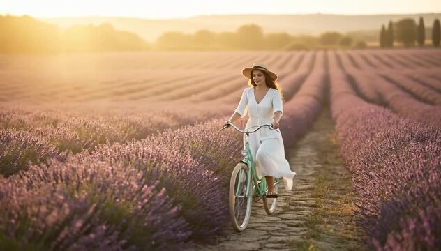 A smiling woman in a white dress rides a bicycle down a stone path through a beautiful lavender field at sunset.