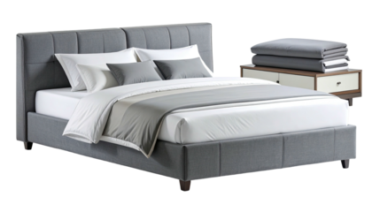 Gray bed with white bedding and nightstand