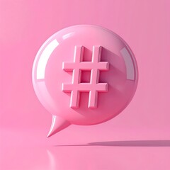 Obraz premium A 3D render of a pink speech bubble containing a hashtag symbol, set against a matching pink background