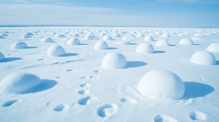 Mysterious Snowball Formations on a Frozen Winter Landscape with Footprints Under a Clear Blue Sky
