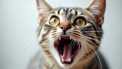 Tabby cat with wide yellow eyes has mouth open, looking surprised or shocked. Animal shows sharp teeth, whiskers. It might be yawning or loudly meowing, expressing curiosity. Close up pet portrait.