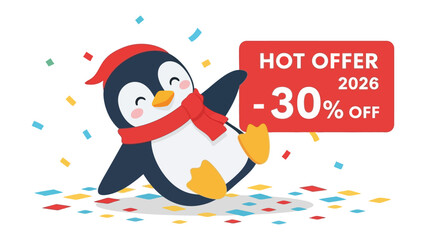 Penguin with Hot offer sign: A cheerful cartoon penguin joyfully reclines, a vibrant advertisement promoting savings on a backdrop of festive confetti and excitement. 