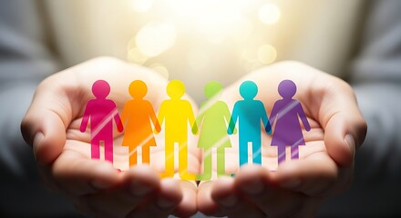 Diverse colorful people silhouettes held gently in cupped hands symbolizing unity and inclusion