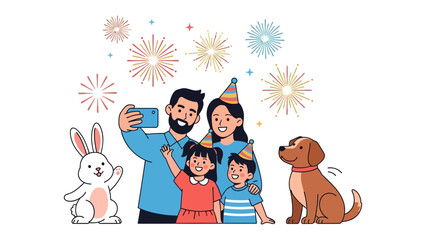 Celebratory Selfie: A joyous family, including a rabbit and dog, captures a festive moment with a selfie, enhanced by fireworks