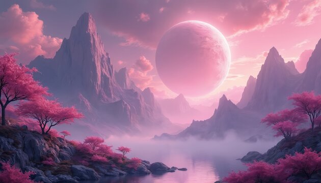 Surreal pink mountains glow under a giant moon. Rich trees with bright pink leaves line the rocky shore of a calm lake. Hazy mist floats over water surface.