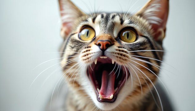 Tabby cat with wide yellow eyes has mouth open, looking surprised or shocked. Animal shows sharp teeth, whiskers. It might be yawning or loudly meowing, expressing curiosity. Close up pet portrait.