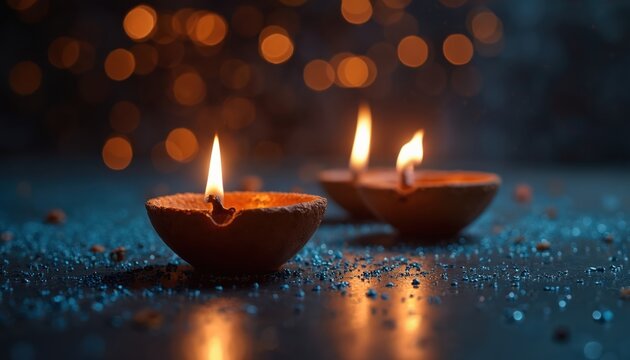 Three traditional Indian oil lamps glow with warm flames. Lit clay diyas illuminate dark surface with blue glitter. Golden bokeh lights sparkle in background, creating serene festive spiritual