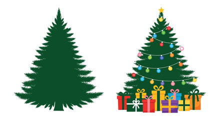 Two christmas trees one decorated with lights and gifts and one as a silhouette