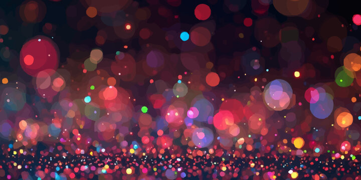 Brightly glowing Christmas lights and colorful decorations create a festive blur on a dark, snowy holiday night backdrop