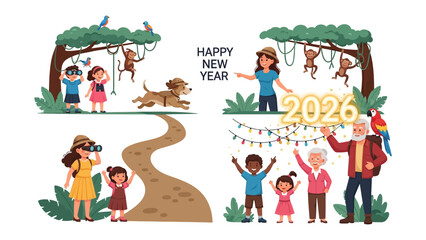 Fototapeta premium New Year Celebration 2026: A vibrant and colorful illustration that celebrates the arrival of the year 2026, filled with various families, kids, animals, and festive elements of new year.