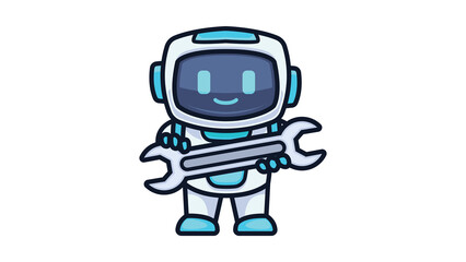 Cute cartoon robot mascot holding a large silver wrench.