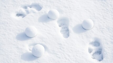 Perfectly Round Snowballs and Footprints on Pristine White Snow, Symbolizing Winter Play and Cold Weather