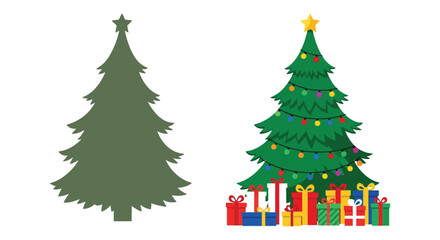 A decorated christmas tree with presents and a silhouette of an undecorated tree