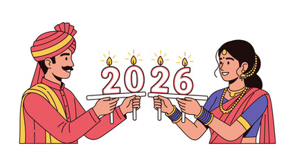 Celebrating the Future: A couple stands together, illuminated with the year 2026, embracing a hopeful new year